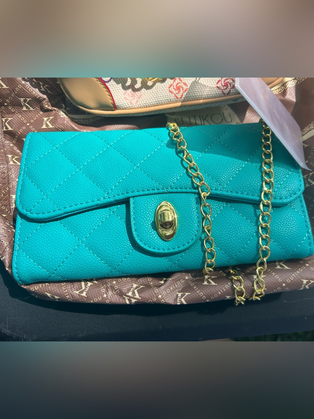 Turquoise Quilted Chain Shoulder Bag with Gold Hardware